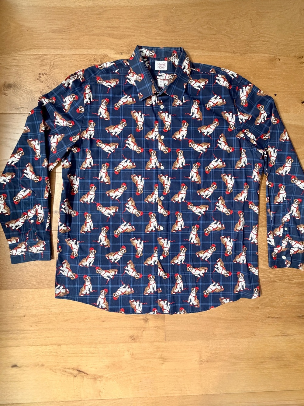 North Pole Trading Co Christmas Saint Bernard Plaid Shirt Navy 2XL Dog Santa
